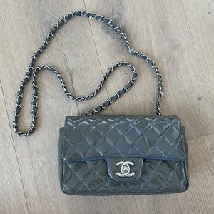 Chanel Grey Quilted Patent Leather Classic Rectangular Mini Flap Bag Crossbody